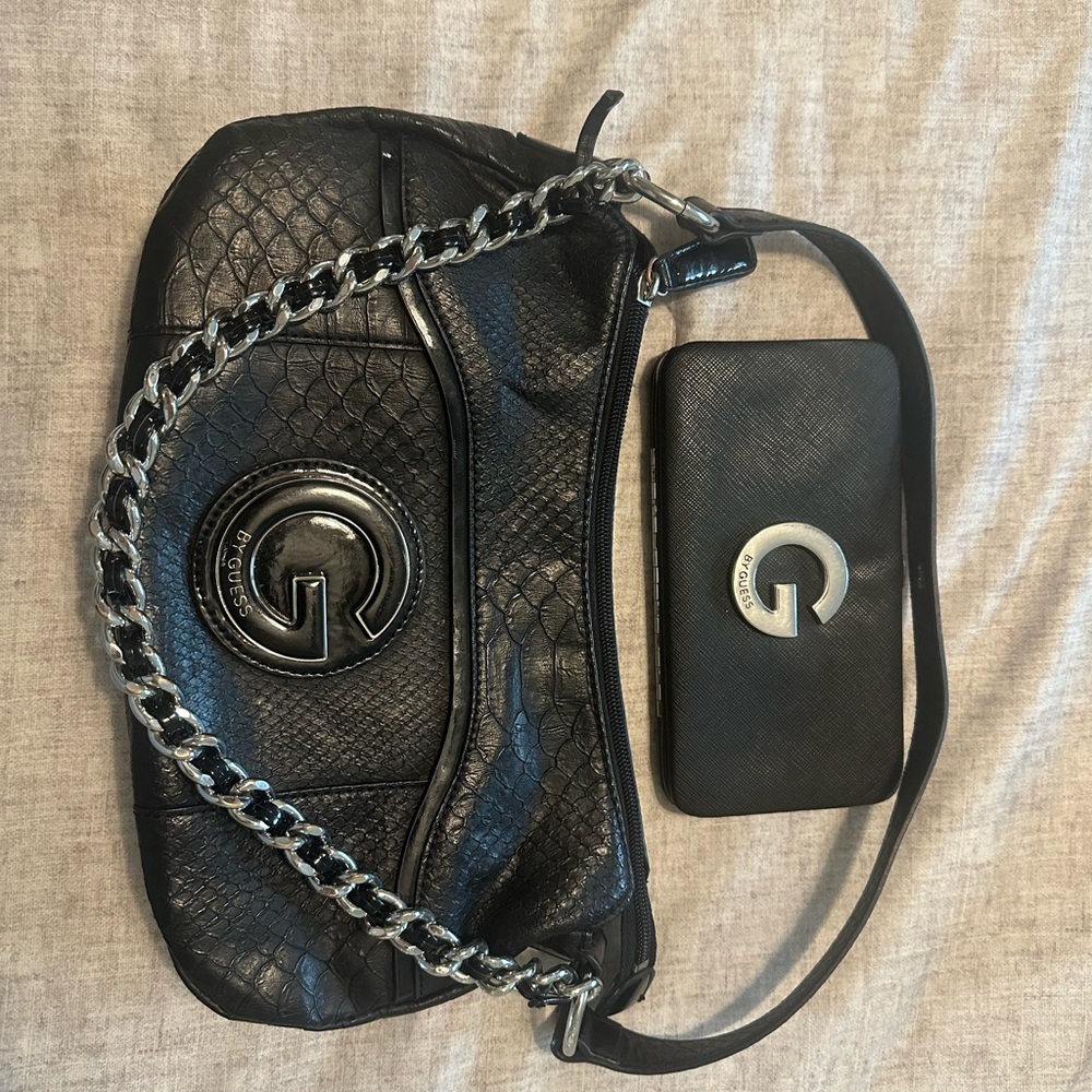 G by Guess Black Shoulder Bag with Silver Accents